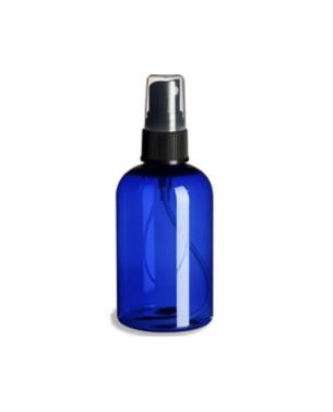 Blue Boston Round Plastic Spray Bottle with Black Fine Mist Spray top and clear overcap.  PET Plastic, 120ml (4 oz)