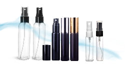Glass Spray Bottle and Plastic Spray Bottle with fine mist sprayer tip in clear or black glass, clear or cobalt blue plastic. 10 ml glass spray bottle or 4 oz (120ml) plastic spray bottle