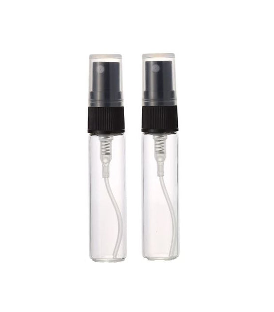 10ml Clear Glass Spray bottle with black spray top and clear overcap. Fine mist sprayer