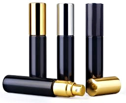 Black Glass Spray Bottle with UV Light Blocking in your choice of aluminum cap color: Black, Gold or Silver. 10ml
