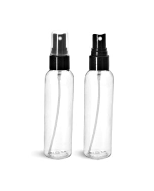 Clear Plastic Spray Bottle with black fine mist sprayer and clear overcap. 4 oz 120ml capacity made from PET plastic