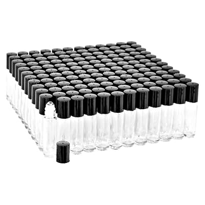 Roller Bottles Wholesale, 144 pc gross case complete with roller ball and black cap. Choose from plastic or steel ball