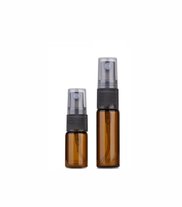 Amber Glass Spray Vials in 5/8th dram and 1 dram sizes with optional reducer inserts or foam lined caps