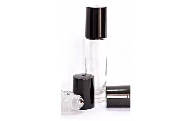 10ml clear glass roller bottle with steel ball and black cap