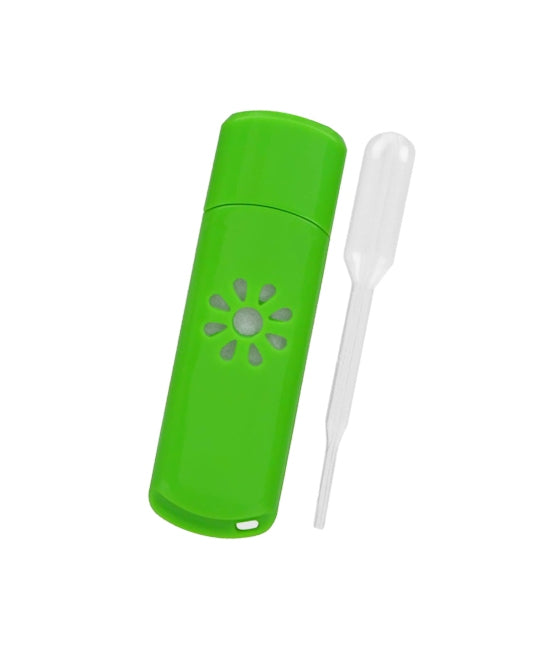 USB Oil Warmer Stick with dropper in bright and bold Lime Green. Pocket size to take in your car or office. plug into any USB port